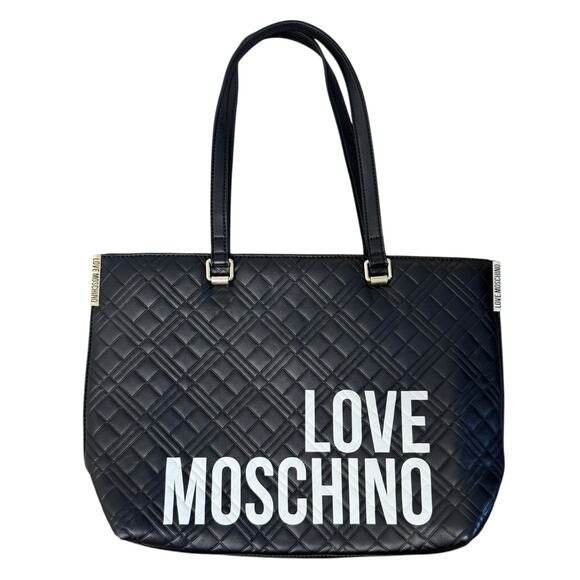 LOVE MOSCHINO Faux Leather Black Quilted Shoulder Purse Tote Bag Double Strap - Picture 3 of 12